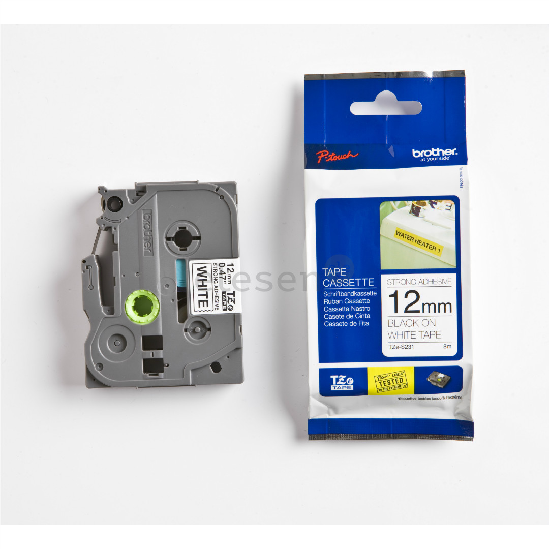 Laminated tape black text on white backround 8m x 12mm, Brother Item - TZES231